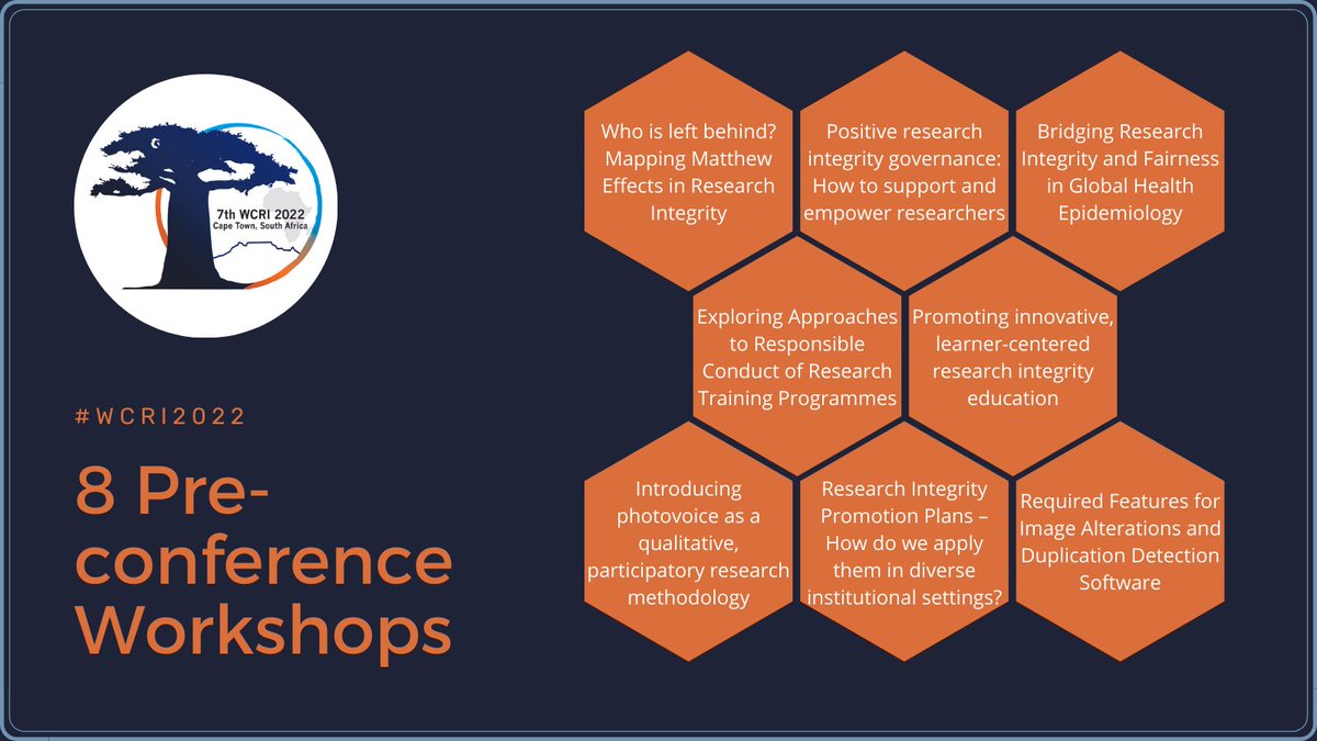 We've got 8 exciting pre-conference workshops lined up for #WCRI2022. Visit wcri2022.org to explore in more detail and to register!
<a href="/AfricaRINetwork/">Research Integrity</a> <a href="/MOSP_Malaysia/">Malaysia Open Science Platform</a> <a href="/OpenScienceSEA/">SEANOS</a> <a href="/EmbassySci/">The Embassy of Good Science embassysci.bsky.social</a> <a href="/sops4ri/">SOPs4RI</a> @NRIN_Integrity <a href="/ISC_AsiaPacific/">International Science Council Asia-Pacific</a> <a href="/C0PE/">COPE</a> <a href="/TRUST_Project/">TRUSTproject</a> <a href="/UCT_Research/">UCT Research</a>