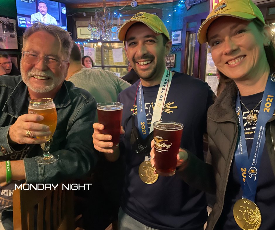 Neirstavern's tweet photo. Cheers! Mike and Jen with their Marathon medals seen here with the man behind the "Richie Burger" -- and happy smiles all around. #NeirsForYears #MarathonMedalMonday #RichieBurger #Beer #Neirs200 #QueensDistanceRunners https://t.co/ur8yTagGqD