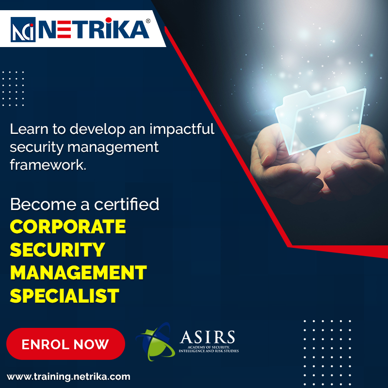 Netrika_PvtLtd's tweet photo. Learn to develop an impactful security management framework.
Become a certified Corporate Security management specialist by ASIRS, Singapore.

Know more
https://t.co/9e82vZ3nxG 

#netrikatrainings #asirs #corporatesecurity #corporatesecurityspecialist #csms https://t.co/vutcJBvFoT
