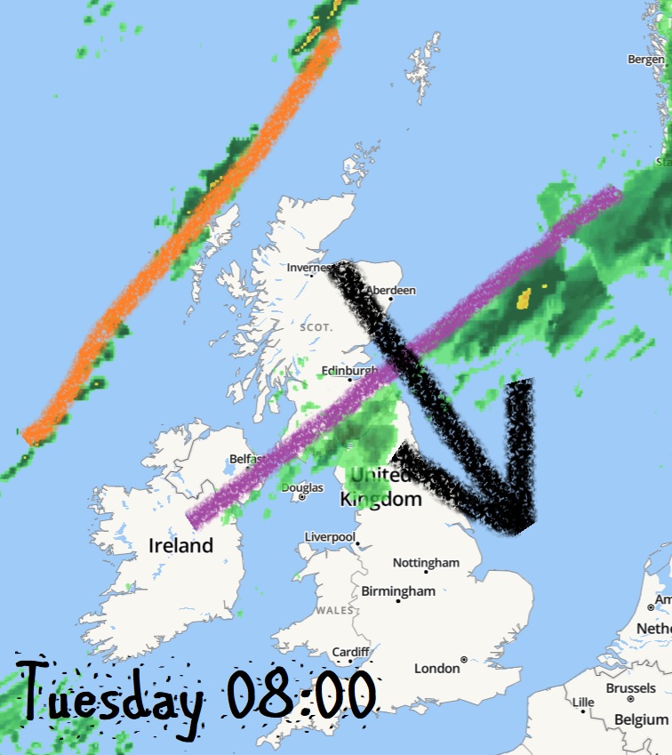 WindyWilson88's tweet photo. The orange squiggle is another weak weather front moving in, but it doesn't drop as far south
If yer in that wee middle bitty, it'll be a relatively decent day
#WindysTuesdayUpdate #TuesdayVibe https://t.co/umUa8h6Yro