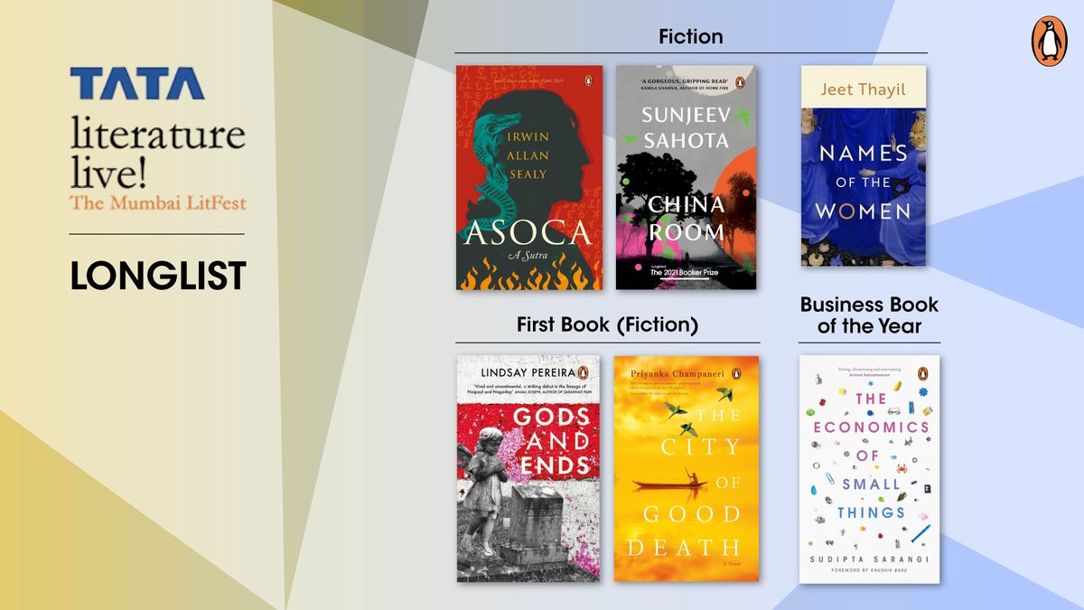 PenguinIndia's tweet photo. So thrilled to see our books on the @tatalitlive Awards longlist! Congratulations to our authors ✨ #Asoca #ChinaRoom #NamesoftheWomen #GodsAndEnds #CityofGoodDeaths #TheEconomicsofSmallThings https://t.co/tEnRd3VDhz