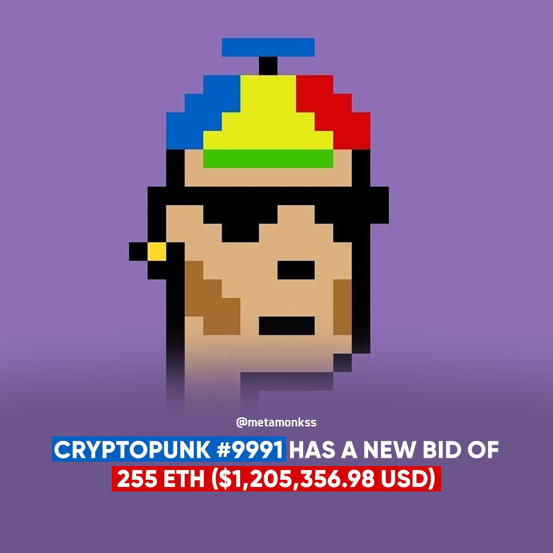 MetamonksStudio's tweet photo. Cryptopunk #9991 Has A New Bid Of 255 ETH ($1,205,356.98 USD) 🤩🔥
Via @nftcomunity 
.
.
#nfts #nft #digitalart #cryptoart #artist #raredigitalart #artoftheday #cryptoartist #blockchain #nftcollector #animation #modernart #artcollector  #metamonks #CryptoPunkNFT https://t.co/faGBbDvKho