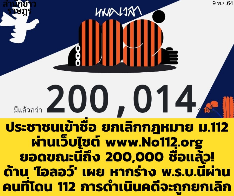 opol999's tweet photo. ประชาชนเข้าชื่อ #ยกเลิก112
ผ่านเว็บไซต์ https://t.co/IE4Nu80EeU
ยอดขณะนี้ถึง 200,000 ชื่อแล้ว! ด้าน 'ไอลอว์' เผยหากร่าง พ.ร.บ.นี้ผ่าน ใครที่โดน 112 จะถูกจำหน่ายคดีออก #สำนักข่าวราษฎร #หมดเวลา112 

อ่านข่าวต่อ
https://t.co/E4L5eYlQt3 https://t.co/uhiN3z15sm