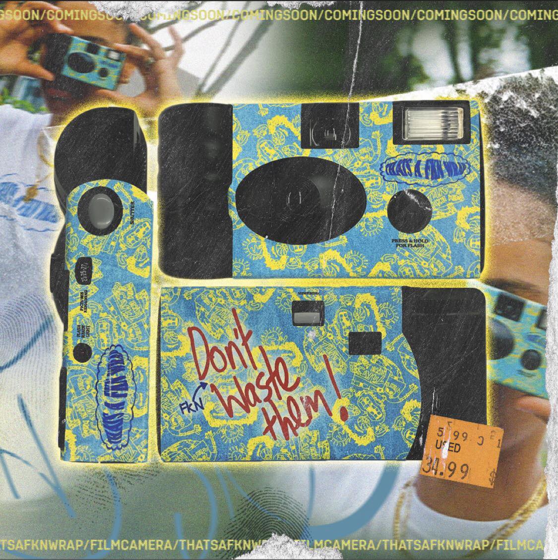 thatsafknwrap's tweet photo. holyyy been excited to drop these for a minute! fkn disposable film cams will be available on the store this thursday, just in time for “summer”. 24 exposures. 35mm colour film + a flash. only 30 made so make sure you get in quick! ☀️🎞📸🌊 https://t.co/Wj6gq6weh7