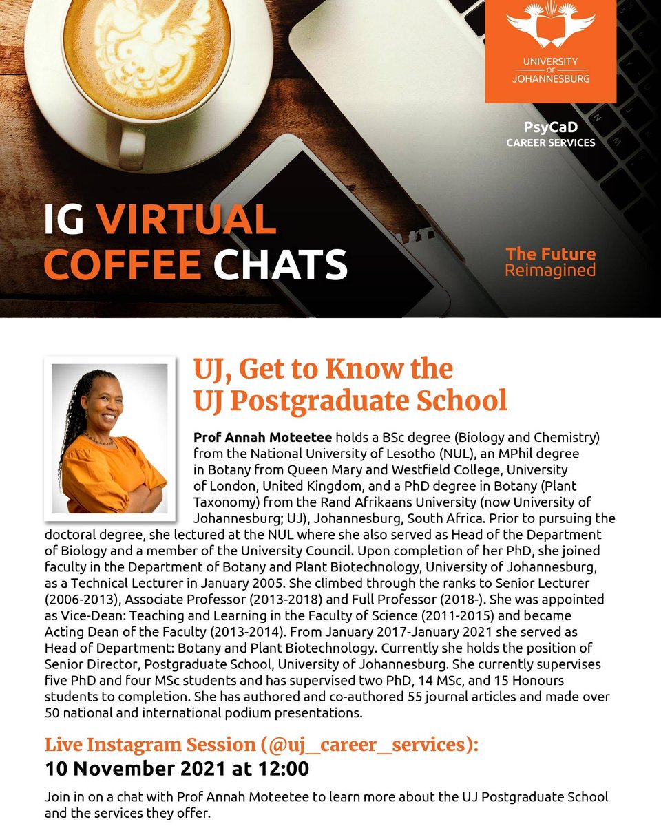 UJCareerService's tweet image. Hey UJ🤓, join us tomorrow at 12pm for an IG live to get to know more about the UJ Postgraduate School. 

#PostgradStudies
#PostgradSuccess
#GlobalExcellence
#GetToKnowUJ
#UJCareerServices 
#YourCareerReimagined