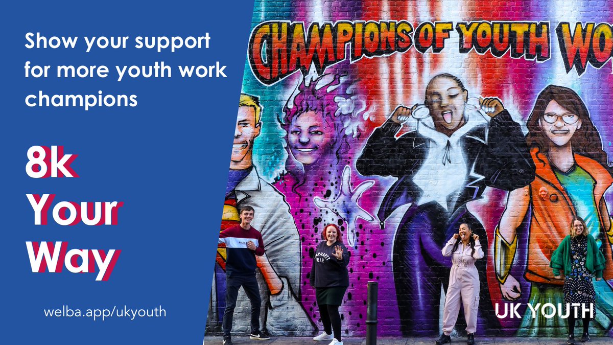 Show your support for more youth work champions by taking on our 8k Your Way challenge this November!

Walk 🚶‍♀️, run 🏃‍♂️ or cycle 🚲 8k, donate £8 and track your progress using the Welba app

Sign up here 👉 welba.app/ukyouth/