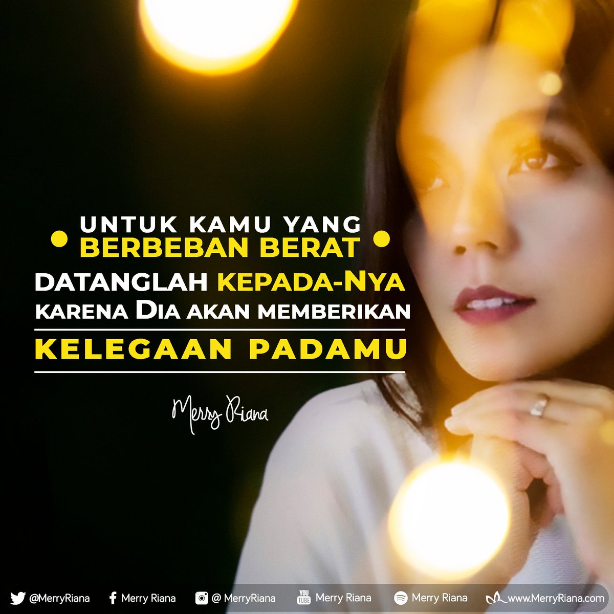 Untuk kamu yang berbeban berat, datanglah kepada-Nya karena Dia akan memberikan kelegaan kepadamu.

Setuju?
Acung jempolnya di kolom KOMENTAR ya :)

#MerryRiana #Motivasi #Inspirasi