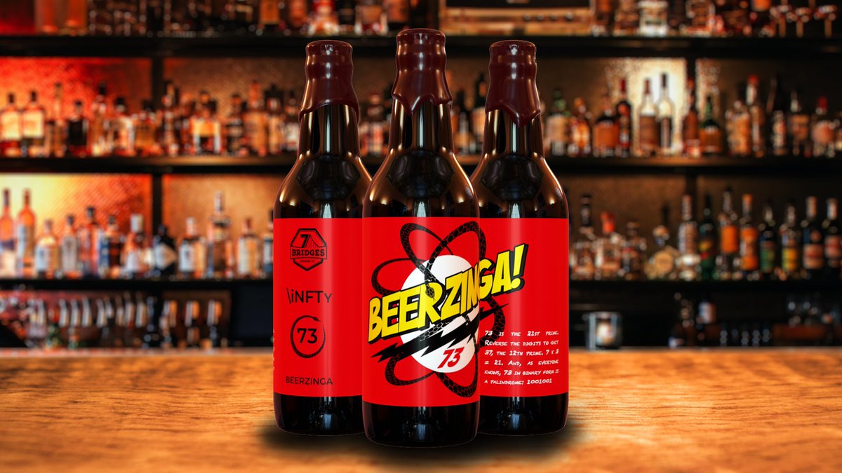 7bridgesbrewing's tweet photo. If #BigBangTheory  Sheldon Cooper drank #craftbeer, he would drink a bottle of #nftbeer \iNFTy 73 - BEERZINGA.

No. 73 is the 21st prime. Reverse the digits to get 37, the 12th prime. And, as everyone knows, 73 in binary form is a palindrome: 1001001 
#nftart #NFTartists #bazinga https://t.co/8Pic54qWSH