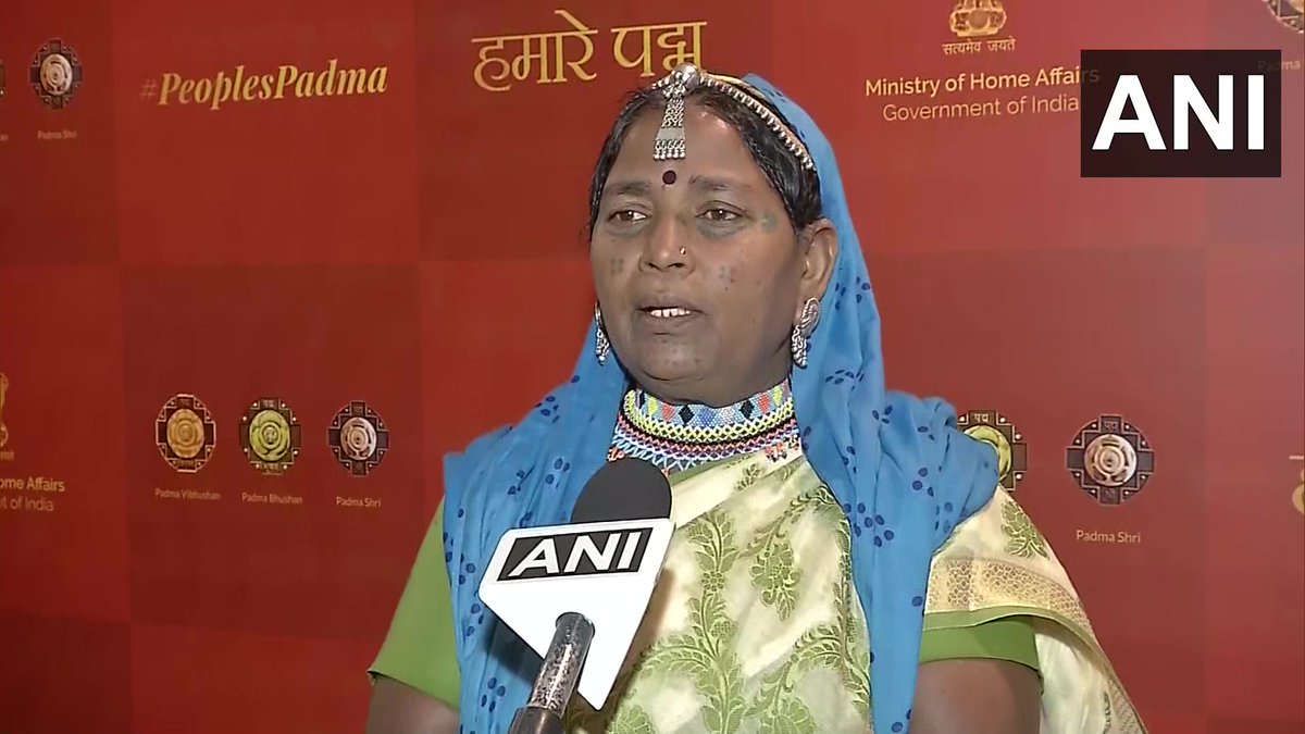 ANI's tweet photo. I have been into paintings since childhood. When I started working as a labourer, I was encouraged by my employer to transfer folk art from the mud walls to canvasses. Today my paintings are sold abroad. Glad for this honour: Tribal woman Bhuri Bai on receiving Padma Award https://t.co/zDtAKQqaWX