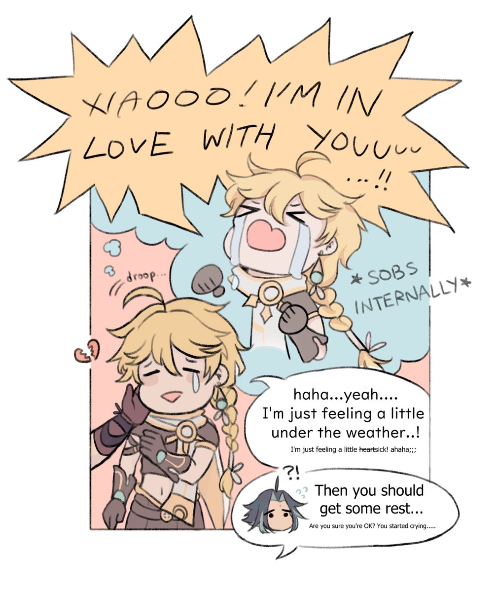 my piece for <a href="/xiaotherxchange/">XiaoAether Exchange</a>! i drew a comic for pan (@a_ohisashi) the prompt was oblivious xiao and lovestruck aether ^^ #XiaoAether #XiaotherExchange2021