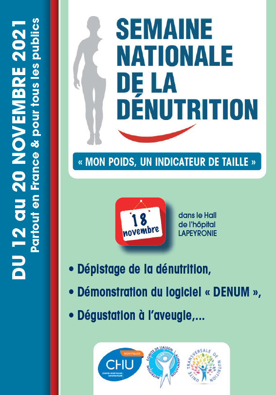 <a href="/CHU_Montpellier/">CHU de Montpellier</a> se tient la semaine nationale de la dénutrition  du 12 au 20 Novembre avec des stands animées par des diététiciennes à l'occasion de la journée "mon poids un indicateur de taille" le jeudi 18 Novembre dans le hall de Lapeyronie.  <a href="/UTN_Montpellier/">UTN CHU_Montpellier</a>  @nut_clinique