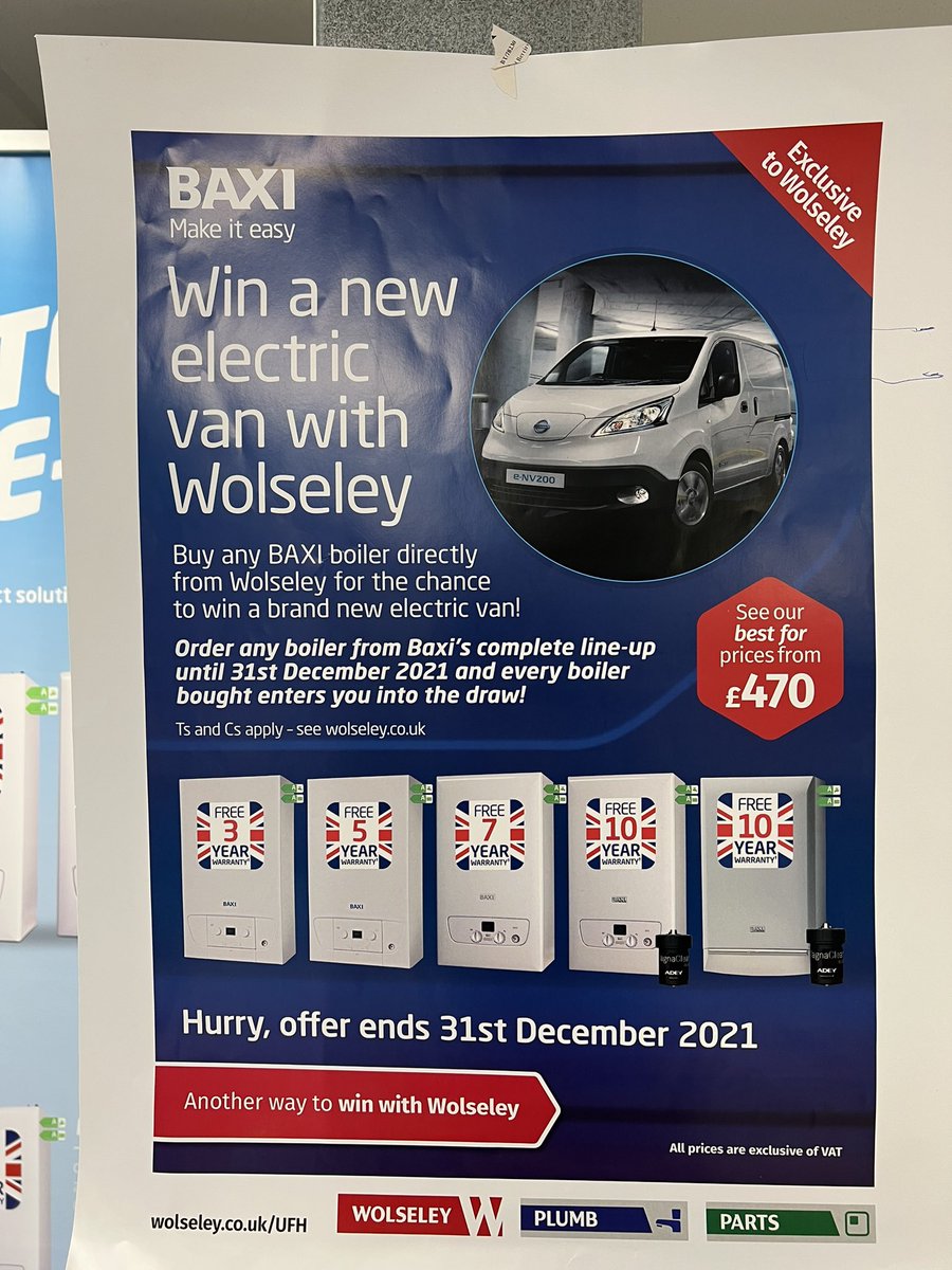 LG_DanDeakin's tweet photo. Don’t forget for every @baxiboilers you buy from @WolseleyUK before the end of the year you’ll get entered into the draw to win a brand new electric van https://t.co/SEvVfZy0GF