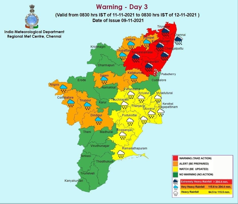 sanjusadagopan's tweet photo. Red alert issued for #Chennai and its adjacent districts, Orange alert for few western districts including Kovai,Yellow alert for Cauvery delta districts. 

IMD warns heavy to extremely heavy rains for next three days in parts of TN

#ChennaiRains #TamilNaduRains 
 @ChennaiRains https://t.co/1CvnzsZdSj