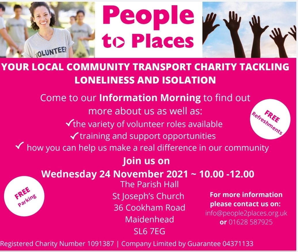 PeopletoPlaces's tweet photo. Spare time? Want some positive news for a change?? Come to our information morning at St Joseph's Parish Hall in Maidenhead on 24 November. 😁😁 https://t.co/qaYoQuDeAO