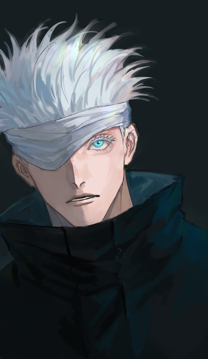 gojou satoru 1boy solo male focus white hair black background blindfold blue eyes  illustration images