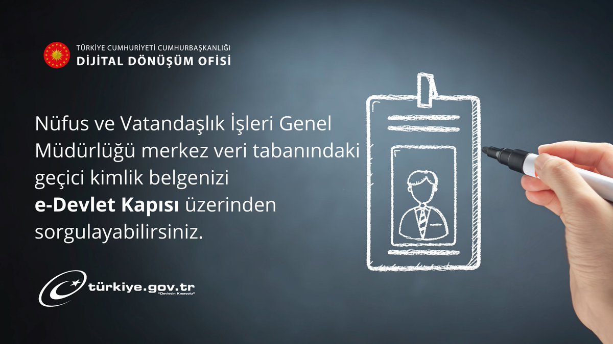 Nüfus ve Vatandaşlık İşleri Genel Müdürlüğü merkez veri tabanındaki geçici kimlik belgenizi e-Devlet Kapısı üzerinden sorgulayabilir ve doğrulayabilirsiniz.
<a href="/TC_icisleri/">T.C. İçişleri Bakanlığı</a> <a href="/TCNufus/">Nüfus ve Vatandaşlık İşleri Genel Müdürlüğü</a> <a href="/dijital/">Dijital</a>

Sorgulama: ddo.link/gecici-kimlik

Doğrulama: ddo.link/belge-dogrulama

#DijitalTR #edevlet