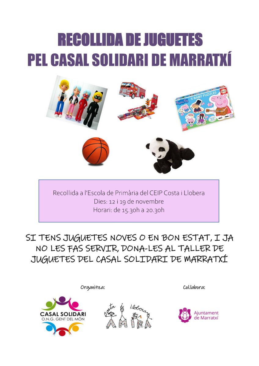 apimaIMarratxi's tweet photo. Recollida solidària de joguines.
#apimaiesmarratxi #apima #mallorcaapima #elcentrequevolem #illesbalears
#marratxi
#ajuntamentmarratxi
#casalsolidari https://t.co/CxLs4tgp77
