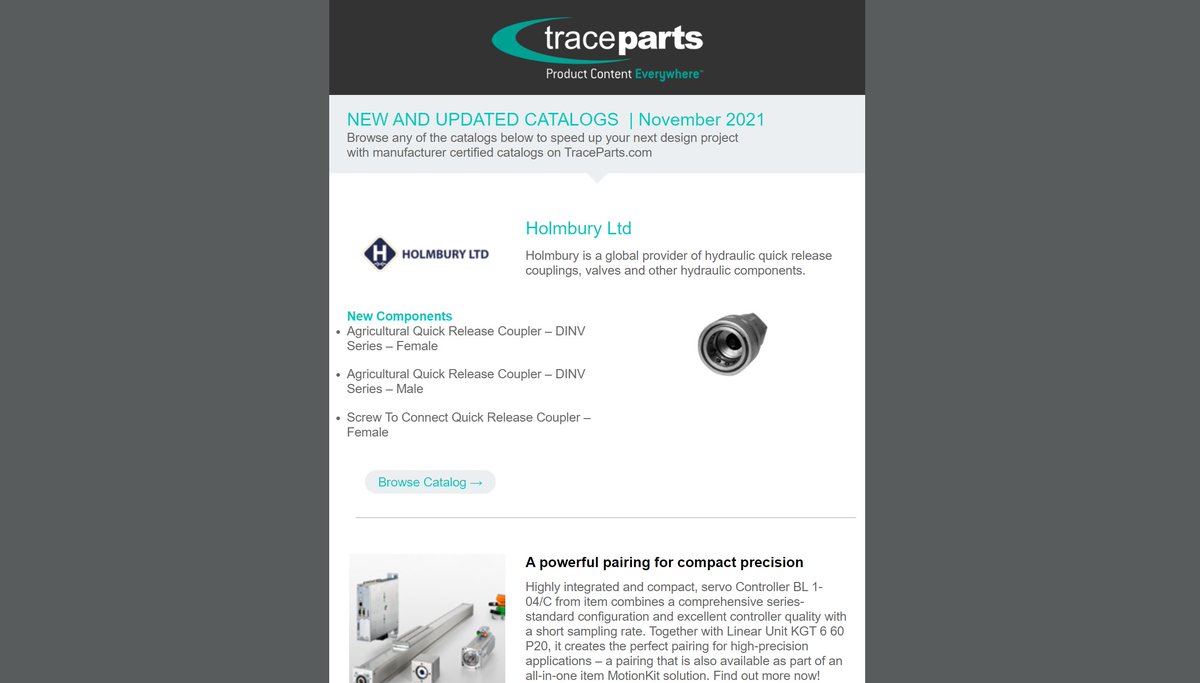 TraceParts's tweet photo. Our latest Catalogs Newsletter has been sent! 📨 

Check out the new and updated part catalogs featuring products from: Holmbury Ltd, Phoenix Contact, Motion Industries, binder, Air Logic.

👉 https://t.co/jhDGaPBjUE

#3DCAD #CAD #caddesign #TraceParts #3DCADmodels https://t.co/uUIrRFnIAQ