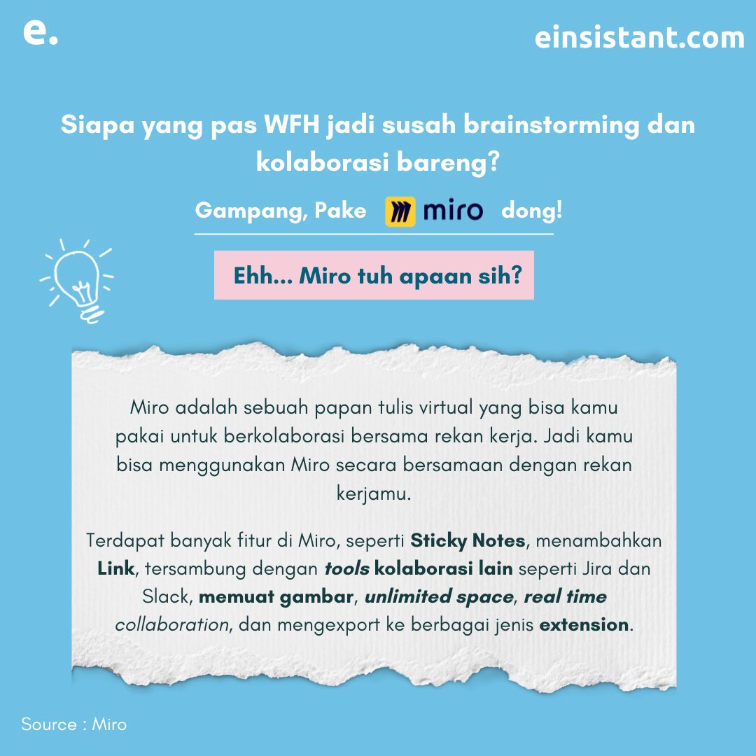 einsistant's tweet image. Siapa yang brainstormingnya masih pakai Google Docs? 

Wah itu udah ketinggalan zaman! Mending pake Miro deh.

Di Miro, kamu bisa brainstorming dengan lebih mudah memakai fitur sticky notes, real time lagi! Jadi bisa collaborate deh 😝

Buat kamu yang belum tau Miro, yuk cek!