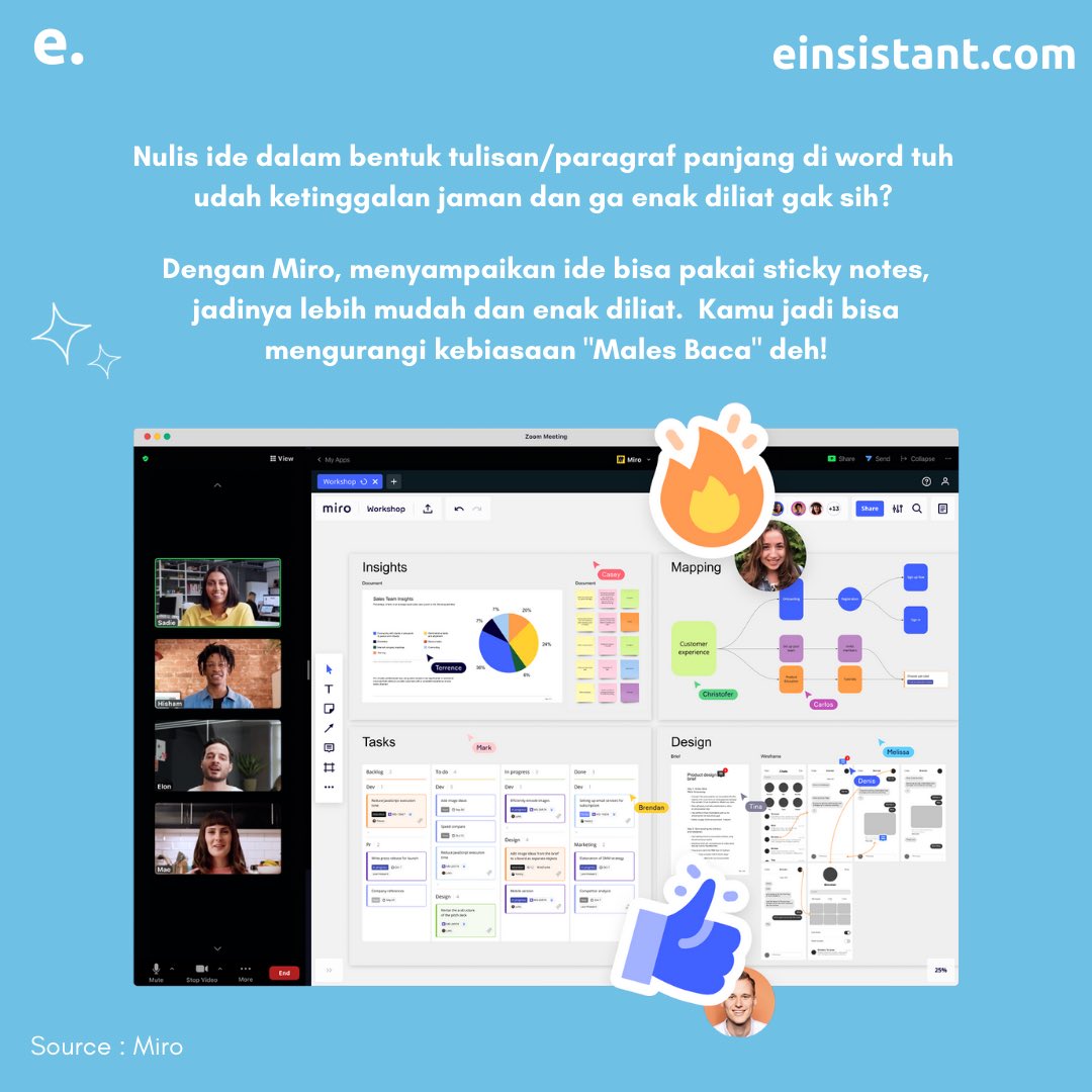 einsistant's tweet image. Siapa yang brainstormingnya masih pakai Google Docs? 

Wah itu udah ketinggalan zaman! Mending pake Miro deh.

Di Miro, kamu bisa brainstorming dengan lebih mudah memakai fitur sticky notes, real time lagi! Jadi bisa collaborate deh 😝

Buat kamu yang belum tau Miro, yuk cek!