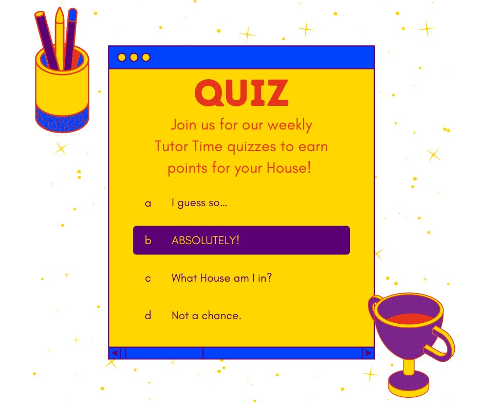 AlderwoodHouses's tweet photo. Starting next week, we will be running weekly tutor time quizzes to help you earn points for your House! Team up as a House, compete against each other, and gain those points! @AlderwoodSchool #alderwoodhouses #competition #getquizzical https://t.co/DXKu0zz6mF