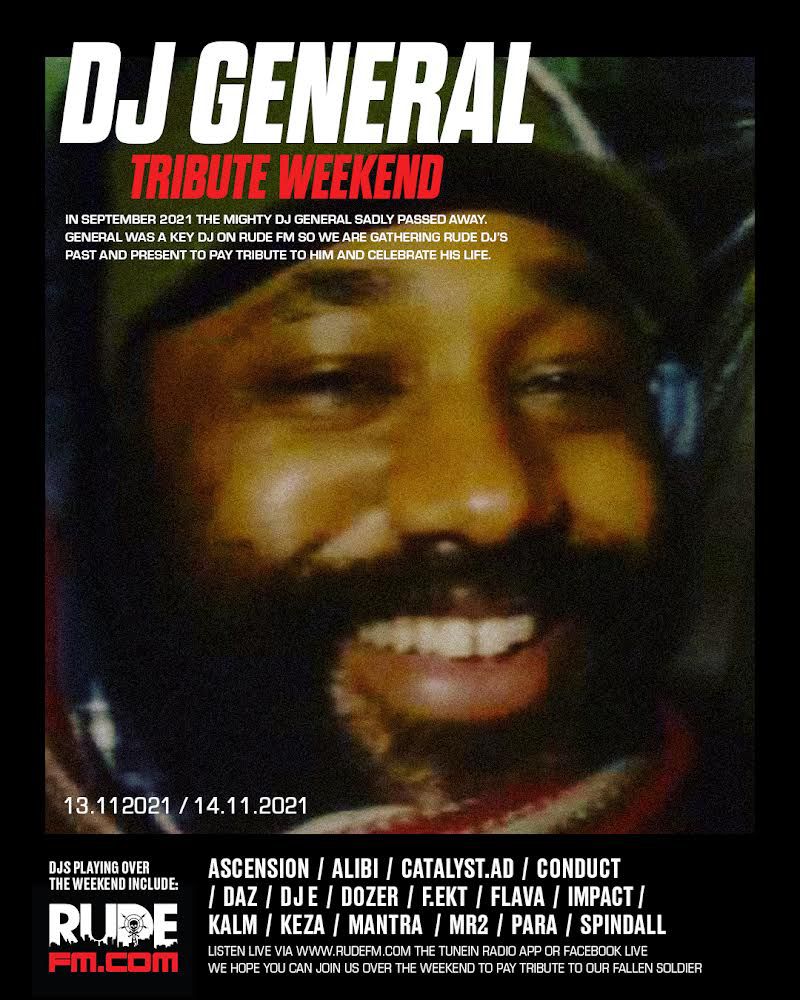 RudeFM's tweet photo. This weekend Rude FM DJs past and present will be celebrating and paying tribute to our fallen soldier DJ General who sadly left us in September. Expect 2 days of 96-2008 beats paying homage to him. Listen Live on https://t.co/fFvyfhYXqA on the TuneIn Radio app or Facebook Live https://t.co/tg239KZfGO
