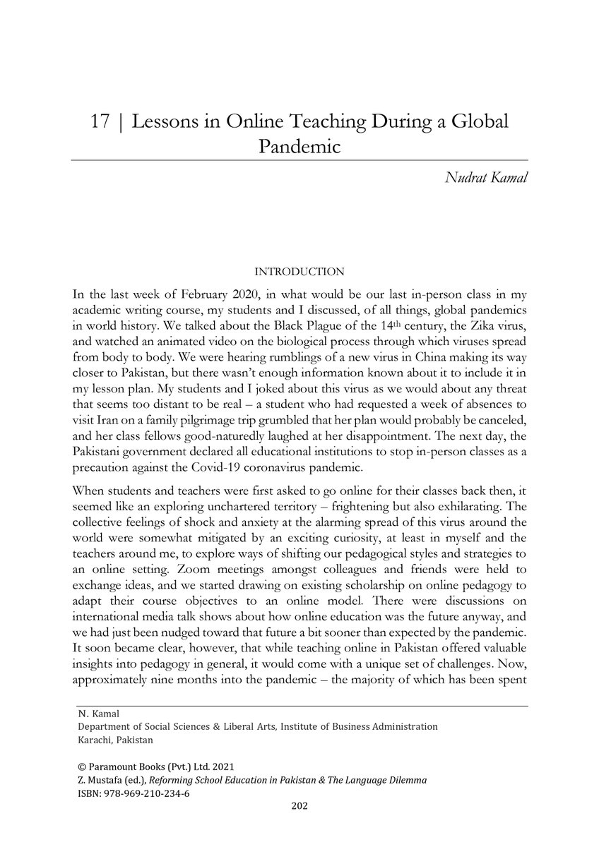nudratkamal's tweet photo. Excited to share that my chapter "Lessons in Online Teaching During a Global Pandemic," was published in the anthology Reforming School Education &amp; the Language Dilemma, edited by Zubeida Mustafa and published by Paramount Books. You can read it here: https://t.co/IL7xpBPwrG https://t.co/lHFlR81PXQ