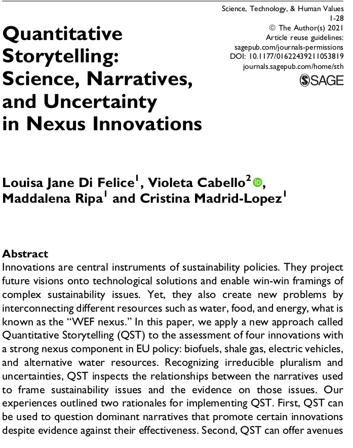 Delighted to see our paper on Quantitative Storytelling in #NEXUS #innovations out! This is a collective reflection on lessons from <a href="/MAGIC_NEXUS/">MAGIC Nexus</a> working with narratives and uncertainty in science for sustainability policy @louisadifelice <a href="/Crismadlop/">Cristina Madrid</a> 
journals.sagepub.com/doi/10.1177/01…