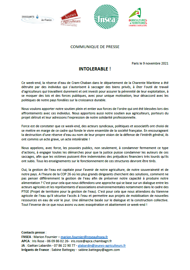 [#CP] Destructions sur les réserves d'eau : intolérable ! Une gestion raisonnée de nos ressources est indispensable pour notre souveraineté et l'environnement #COP26 
Retrouvez notre CP commun avec <a href="/FNSEA/">La FNSEA</a> <a href="/ChambagriFrance/">Chambres d'agriculture France</a> et Irrigants de France 👇
bit.ly/3mZGl4Q