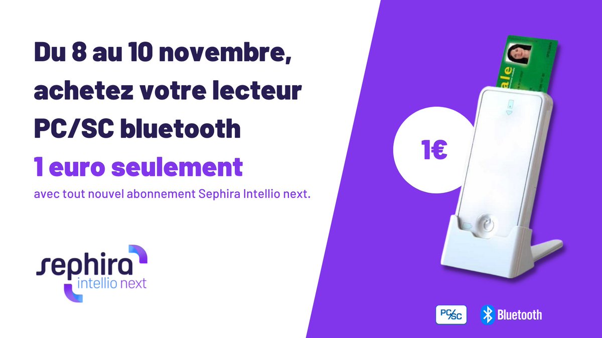 Achetez 1€ votre lecteur PC/SC bluetooth #SESAMVitale avec votre abonnement Intellio next ou Ubinect pendant les 3 jours de  #santexpo. Offre du 8/11 au 10/11
réservée aux nouveaux clients avec le code SANTEXPO au 0243780708
#esante #médecin #logiciel #généraliste  #telemedecine