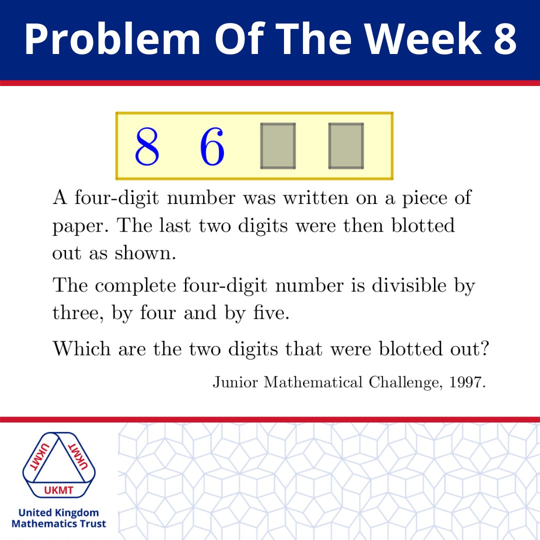 UKMathsTrust's tweet photo. Problem Of The Week 8.

Solution posted on Thursday. 

*Please don't post the solution to enable others to work on the problem - instead, post a 'thumbs up' emoji if you think you know the answer. 👍

#UKMT #ProblemOfTheWeek https://t.co/bVt7CvDtOI