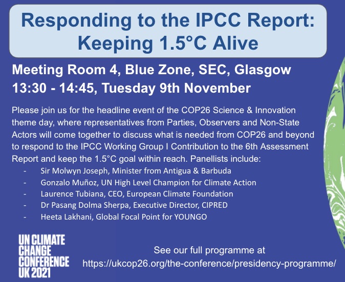 AnyaSitaram's tweet photo. What the science tells us about keeping 1.5 C alive. Looking forward to moderating this panel today @COP26 @gmunozabogabir @LaurenceTubiana @sherpapd @HeetaLakhani @HenryPuna @hlcchampions https://t.co/dCeFxifmYm