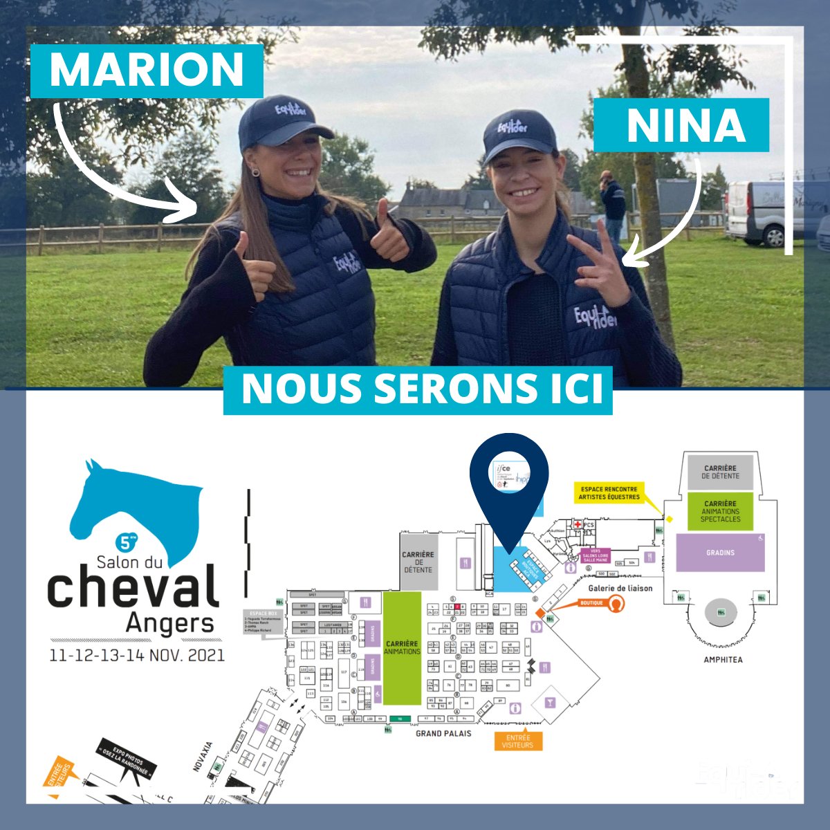 [SALON DU CHEVAL D'ANGERS]

Du jeudi 11 au dimanche 14 novembre Equi-rider exposera au Salon du Cheval d'Angers 2021 ! 🤩

Retrouvez nos commerciales Marion et Nina sur place qui vous accueilleront avec plaisir ☕
#cso #dressage #equirider #équitation #sport