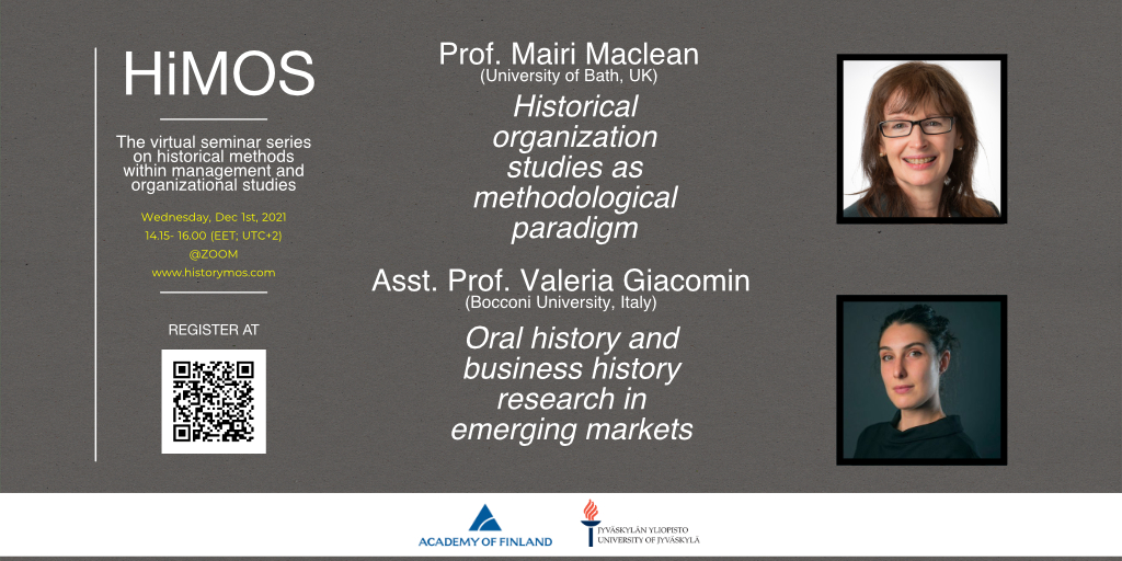 Zeerim's tweet photo. Join us for the upcoming History in Management and Organization Research Seminar (HiMOS) on Dec 1st. @Ch_Stutz and I are delighted to host @MairiMaclean1 and @valgiacomin. Details and registration: https://t.co/dBTspI5Yxg @jyu_jsbe #bizhist 
1/3 https://t.co/A4Z9pNGc7y
