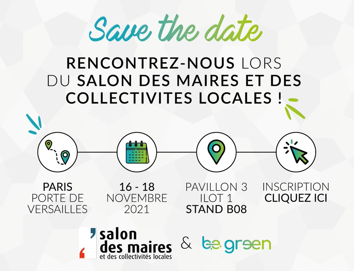 B.E. green 🍃 (@begreen_2010) on Twitter photo SAVE THE DATE 📅
Rencontrez l'équipe <a href="/begreen_2010/">B.E. green 🍃</a> au <a href="/salondesmaires/">Salon des Maires et des Collectivités</a>, stand B08, du 16 au 18 novembre 2021 📍 SAVE THE DATE 📅
Rencontrez l'équipe <a href="/begreen_2010/">B.E. green 🍃</a> au <a href="/salondesmaires/">Salon des Maires et des Collectivités</a>, stand B08, du 16 au 18 novembre 2021 📍
