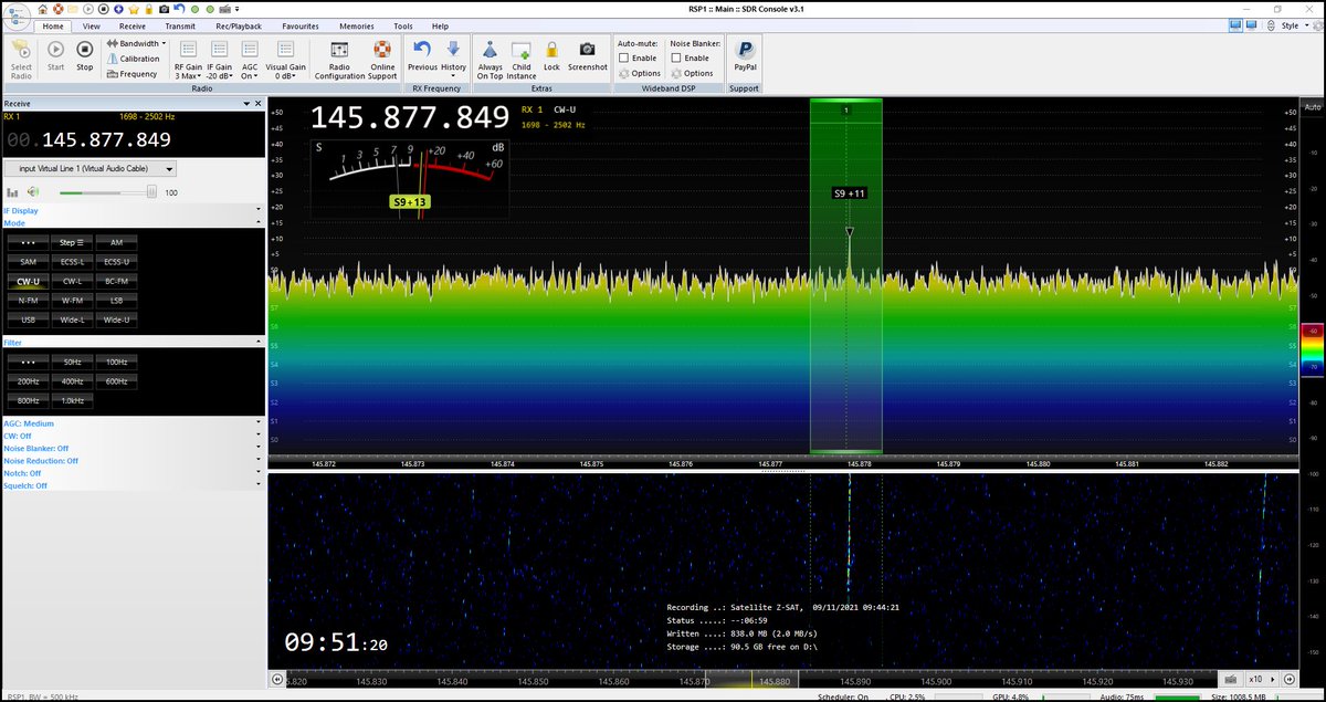 PA5OXW's tweet photo. Z-SAT https://t.co/92x6BrlMMT First above horizon low orbit passage over W-EU. CW Signal 145.875 Mhz still weak. Congrats to successful launch of the #Epsilon5 rocket @Jaxa (report to) @KOMAKI_AMSATCOM .
IQ File available. https://t.co/WZvScDScLr