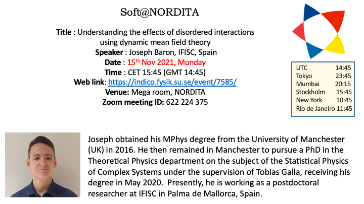 Please tune in on Monday (15th November) at CET 15:45, for the seminar by Joseph Baron on the "the effects of disordered interactions ".(indico.fysik.su.se/event/7584/)

Location : Mega Room, Nordita
Zoom link: stockholmuniversity.zoom.us/j/622224375