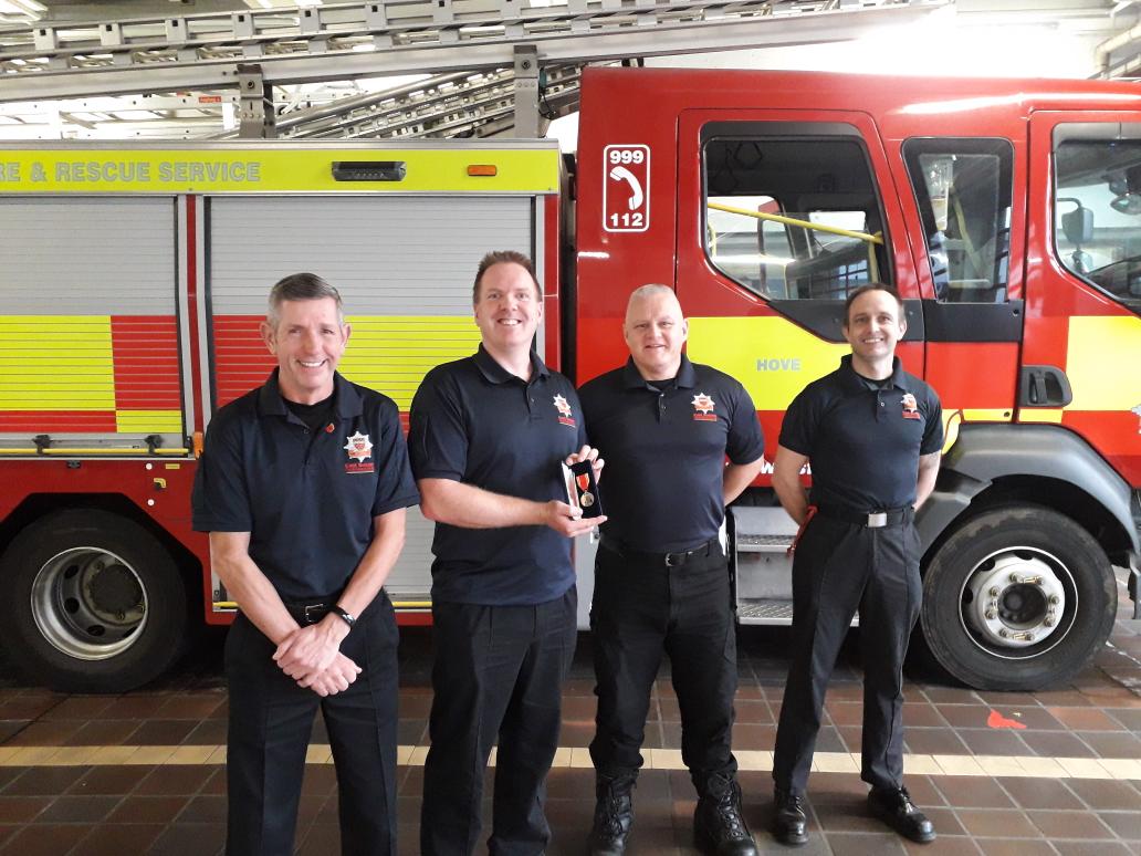 An absolute pleasure to see white watch Hove this morning to present Ff Nathan Main with his long service and good conduct medal . Congratulations Nathan yhabkyou for all you have done for ESFRS