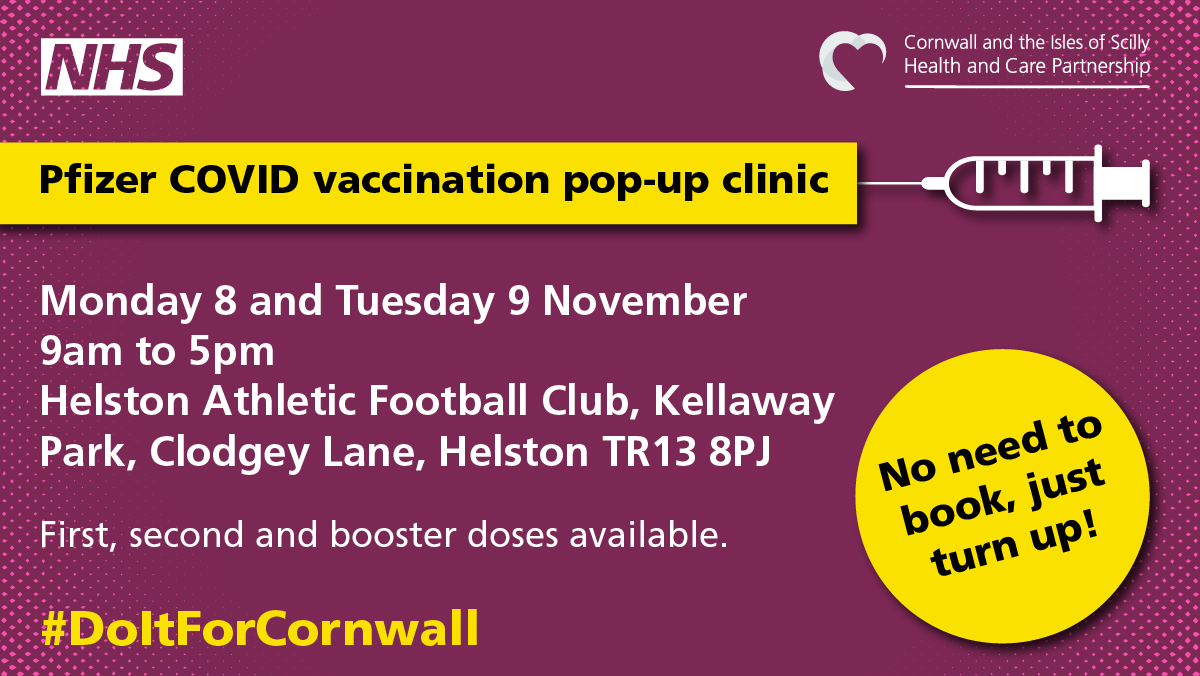 📍 There's a pop-up Pfizer vaccination clinic at <a href="/HelstonAFC/">Helston Athletic FC</a> TODAY until 5pm.

If you're aged 16 or older come on down and get your Covid jab.

No need to book, just walk up!

It's the best way to protect yourself.

More info ➡️ bit.ly/3htSXgE

#GrabAJab