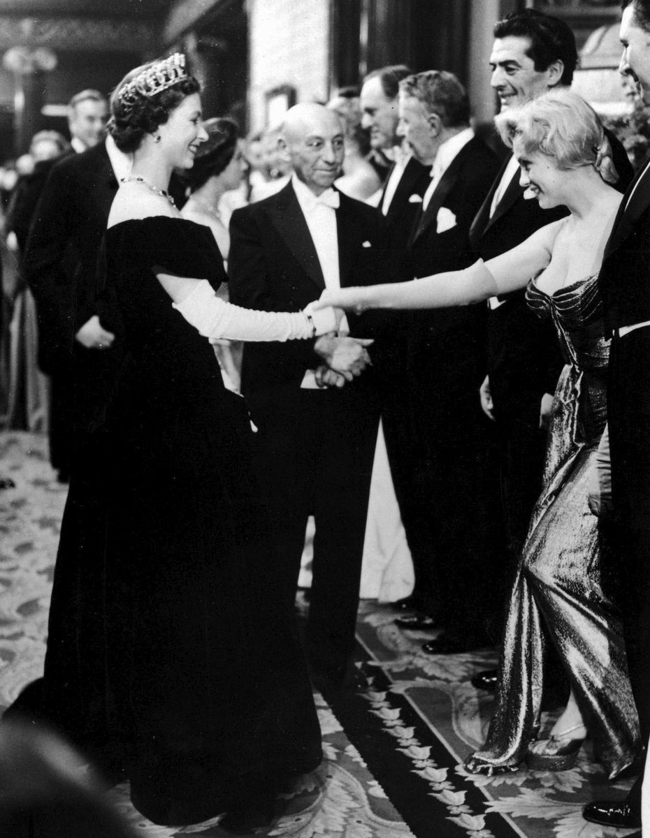 aboutmodernhist's tweet photo. Queen Elizabeth II and Marilyn Monroe, both 30 at the time, meeting in London, England in 1956. https://t.co/GmJW9n1HXh