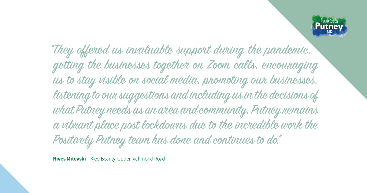 putney_bid's tweet photo. “Putney remains a vibrant place post lockdowns due to the incredible work the Positively Putney team has done and continues to do.”

Thank you @KleoPutney - it means so much to the Positively Putney team knowing that we helped you during such a difficult time.

#ShareOurPutney https://t.co/q8IHpJlE3D