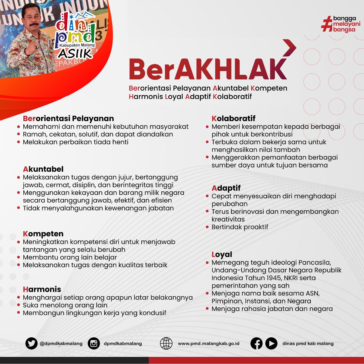 dpmdkabmalang's tweet photo. Implementasi core values dan employer branding ASN, DPMD Kabupaten Malang mengimplementasikan core values BerAKHLAK dan employer branding #Banggamelayanibangsa.
#berakhlak #banggamelayanibangsa #kabupatenmalang #dpmd #malangkabupaten #dpmdkabmalang https://t.co/K9zMVNUMMp