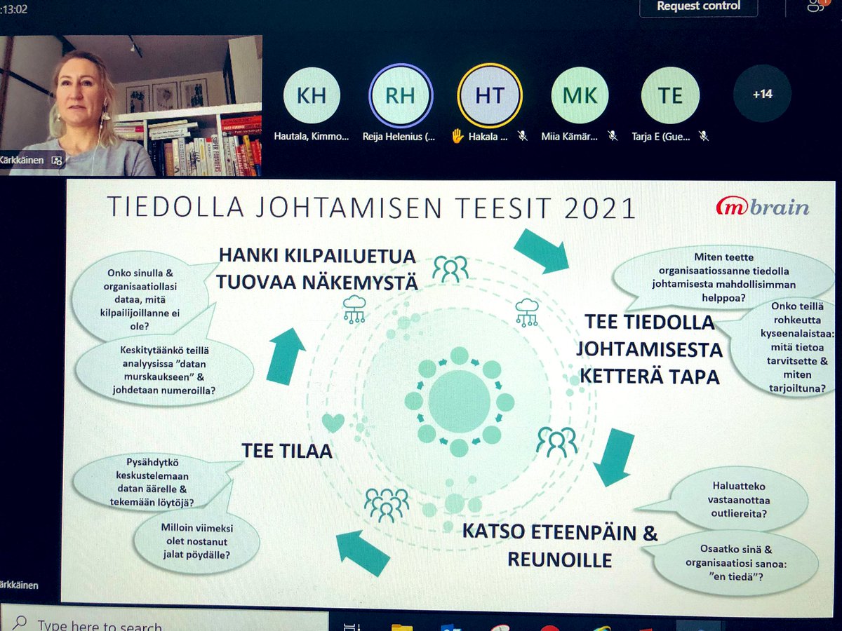 SonjaMartikaine's tweet photo. 🎾Selkeät teesit, jotka kantavat myös ensi vuodelle. Minua puhuttelee kohta tee tilaa, eli mistä voi luopua, mikä on riittävän hyvää ja mitä itse asiassa täytyy tietää kohinan keskellä. Kiitos @NoraKarkkainen @KMspecialists #tiedollajohtaminen #teesit #kilpailuetu #reflektointi https://t.co/mYDo9KNNi3