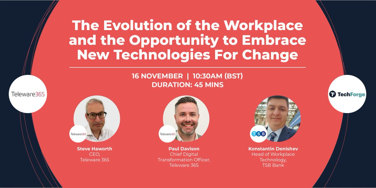 TeleWare's tweet photo. Join our Our panel of industry experts on 16th November 2021 | 10.30am for our latest webinar -  'The evolution of the workplace and the opportunity to embrace new technologies for change' 
Register here for free https://t.co/zTgYedum8Q https://t.co/mIkjVUB2Y9