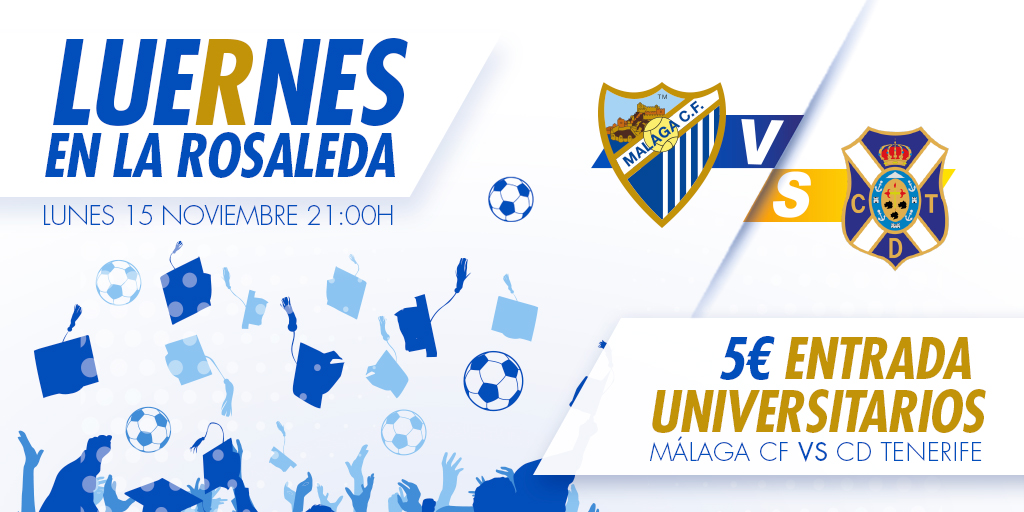 🎉⚪️ ¡¡LUERNES en La Rosaleda!! 🔵🎉

👏 Promoción para que los universitarios acudan al partido del lunes 15 contra el CD Tenerife.

💵 5€ (necesario carné de estudiante)

🏢 Cómpralas en @FCGUMA, <a href="/FacDerechoUMA/">Facultad de Derecho UMA</a> y <a href="/economicasUMA/">Económicas Málaga</a> a partir del jueves.

➡️ bit.ly/308G5rh