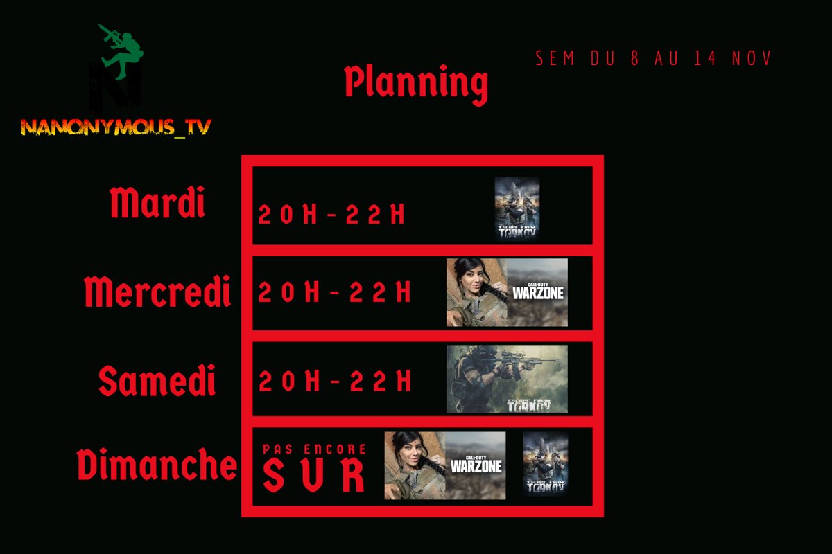 NanonymousT's tweet photo. Hey voici le planning de la semaine! On se retrouve se soir sur #Twitch pour du #EscapefromTarkov venez me soutenir dans ma bagarre avec Tagilla! #gamingstream #streamer #streaming #GamingPC  #SwissGamer https://t.co/DE0viEW37K