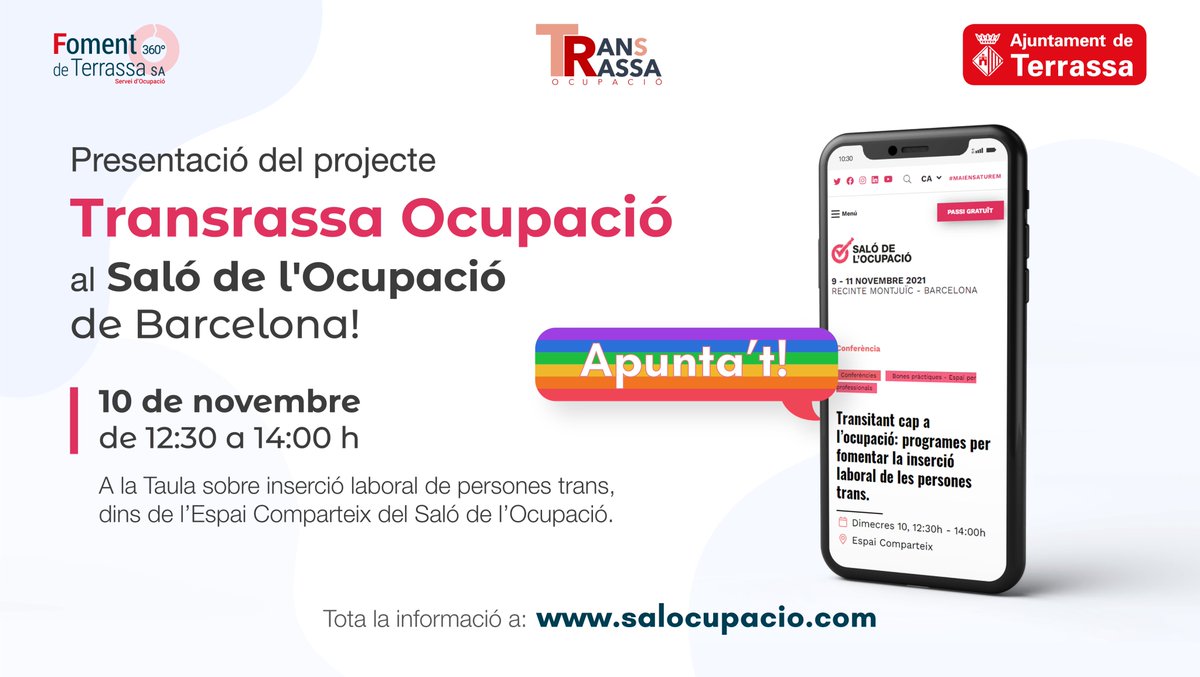 TrsOcupacio's tweet photo. 📢 El dimecres 10 de novembre, Foment de #Terrassa presentarà el seu projecte #TransRassa Ocupació al Saló de l'Ocupació de #Barcelona.

Ens trobaràs de 12:30 a 14:00 h a la taula sobre inserció laboral de persones trans, dins de l'Espai Comparteix del #salocupacio. https://t.co/UWfs6R4DIc