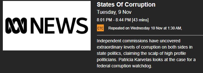 PeterWMurphy1's tweet photo. Watching "States of Corruption", hosted by @PatsKarvelas, with @Kate_McClymont & @FarrellPF, on @abcnews now. Essential viewing. #auspol #politics #corruption #FederalICAC #nswICAC #saICAC #vicIBAC https://t.co/uTnlA8EgzL