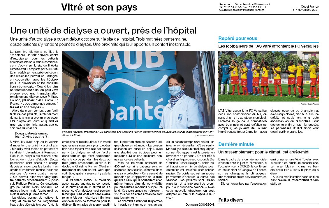 AubSante's tweet image. [On en parle dans la presse] L’ouverture d’une nouvelle unité d’autodialyse AUB Santé à Vitré. 

Retrouvez l’intégralité de l’article de Ouest France.
ouest-france.fr/bretagne/vitre…

#dialyse #maladiesrénales #proximitédessoins