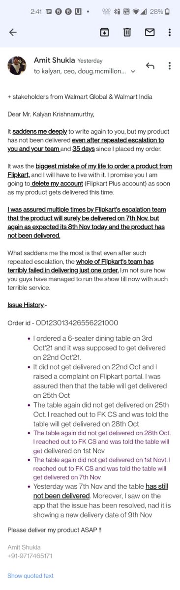 amitshukla791's tweet photo. Worst service by @Flipkart in the history of Indian ecommerce !! 
I placed order on 3 Oct (36 days back) with delivery date of 23 Oct.
They kept giving revised dates of 25 Oct, 28 Oct, 31 Oct, 3 Nov, 7 Nov, 9 Nov but my product has not been delivered.
@jagograhakjago
@_Kalyan_K https://t.co/BJHrR0CcMG